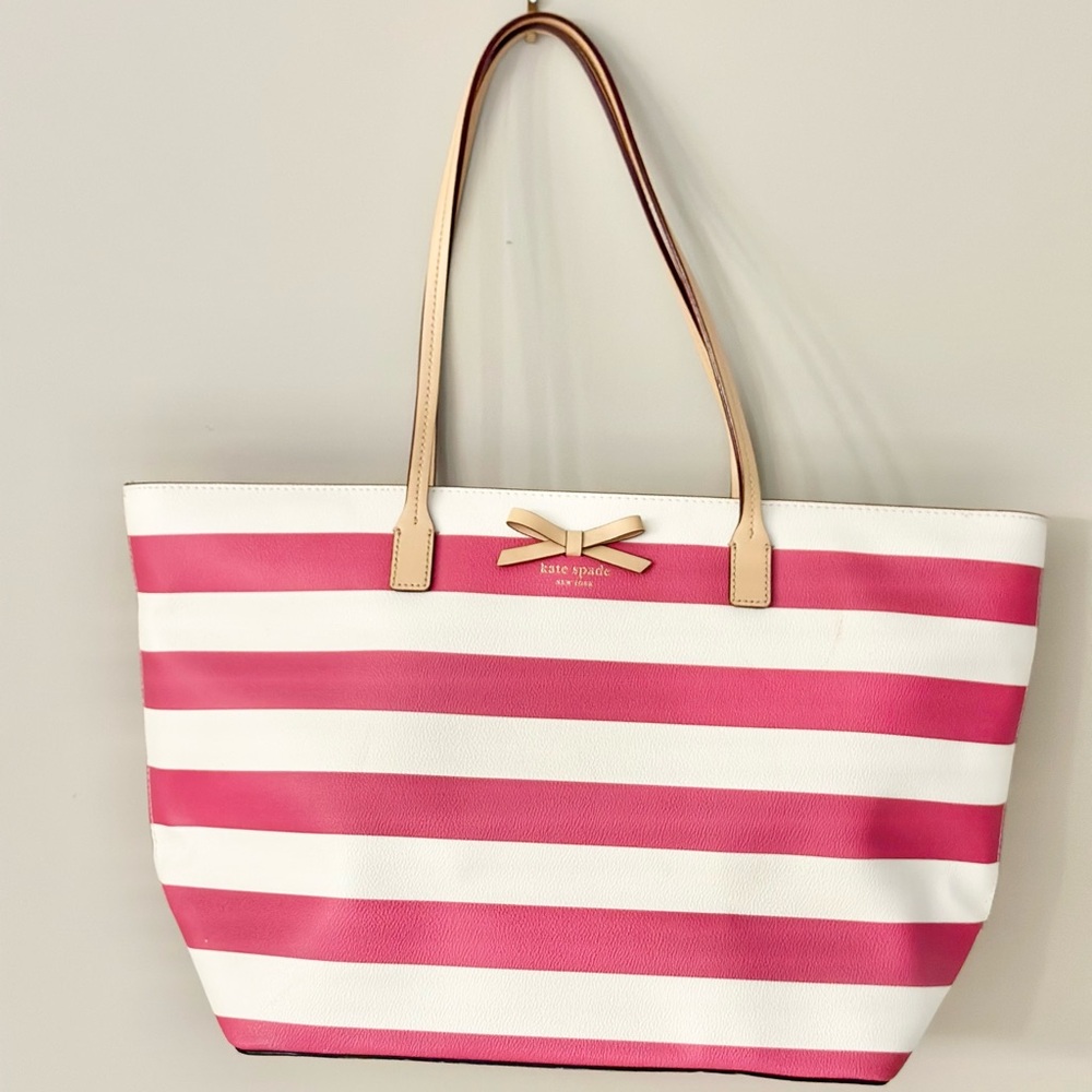 Kate Spade New York Leather Pink & White Striped Tote Bag